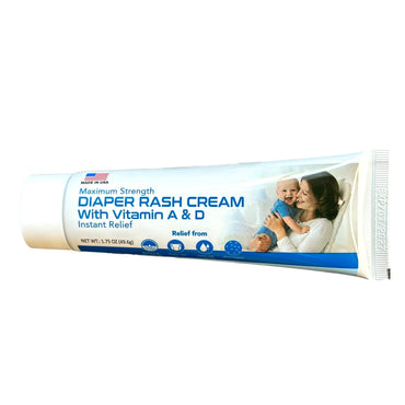 Tube of white diaper rash cream featuring a woman holding a baby.