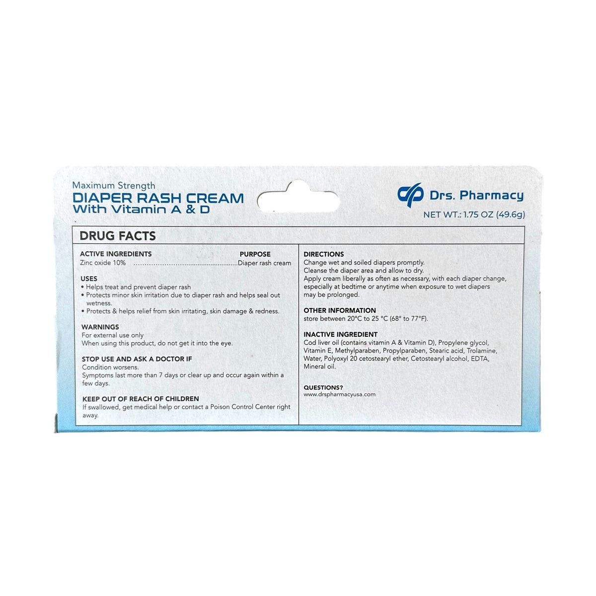Packaging for Maximum Strength Diaper Rash Cream with Vitamin A & D.