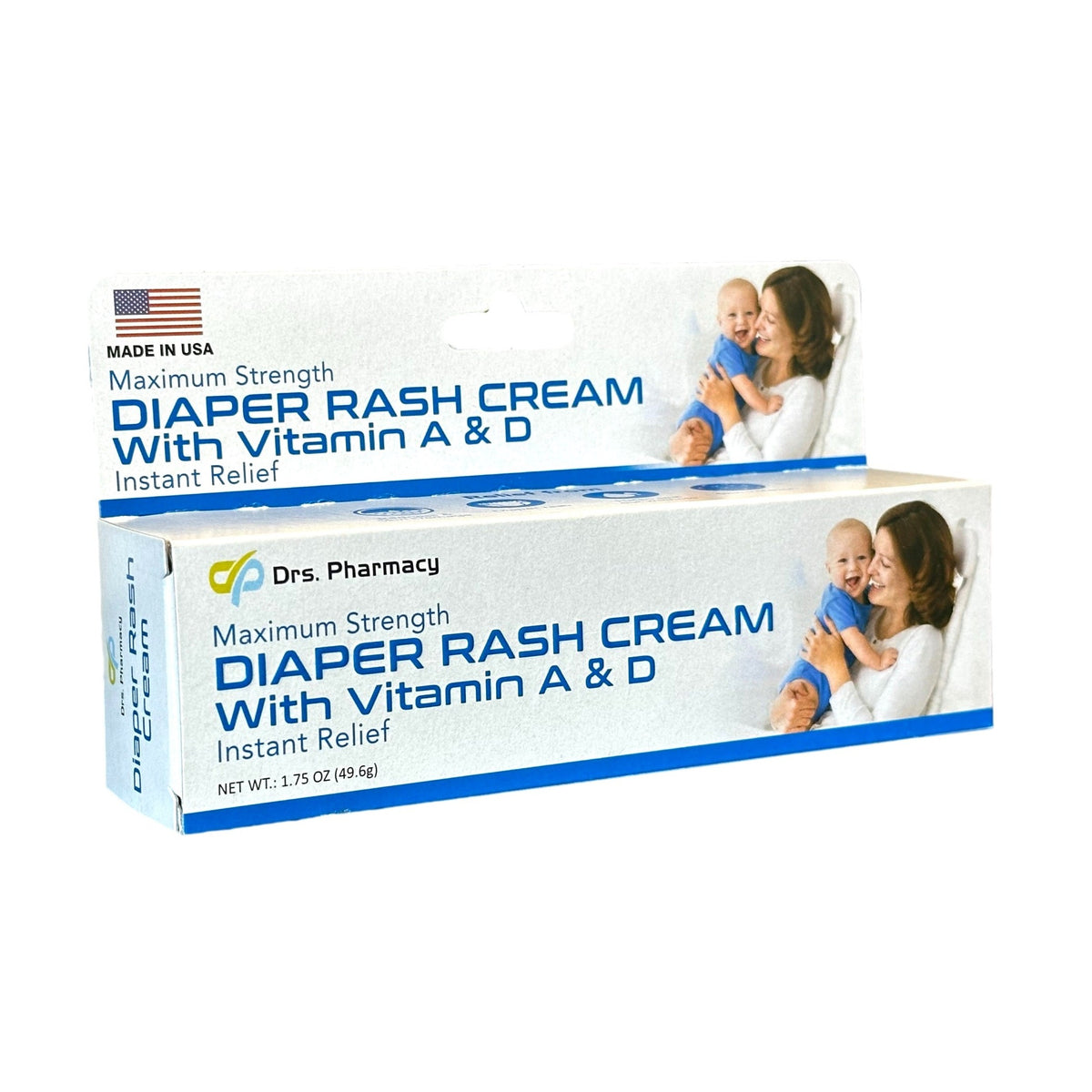 Two white boxes of diaper rash cream. The boxes feature an image of a woman holding a baby.