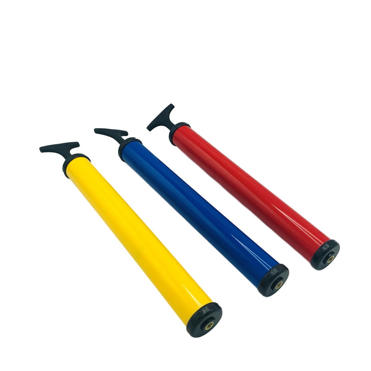 Three primary-colored hand pumps, yellow, blue, and red, isolated on a white background.