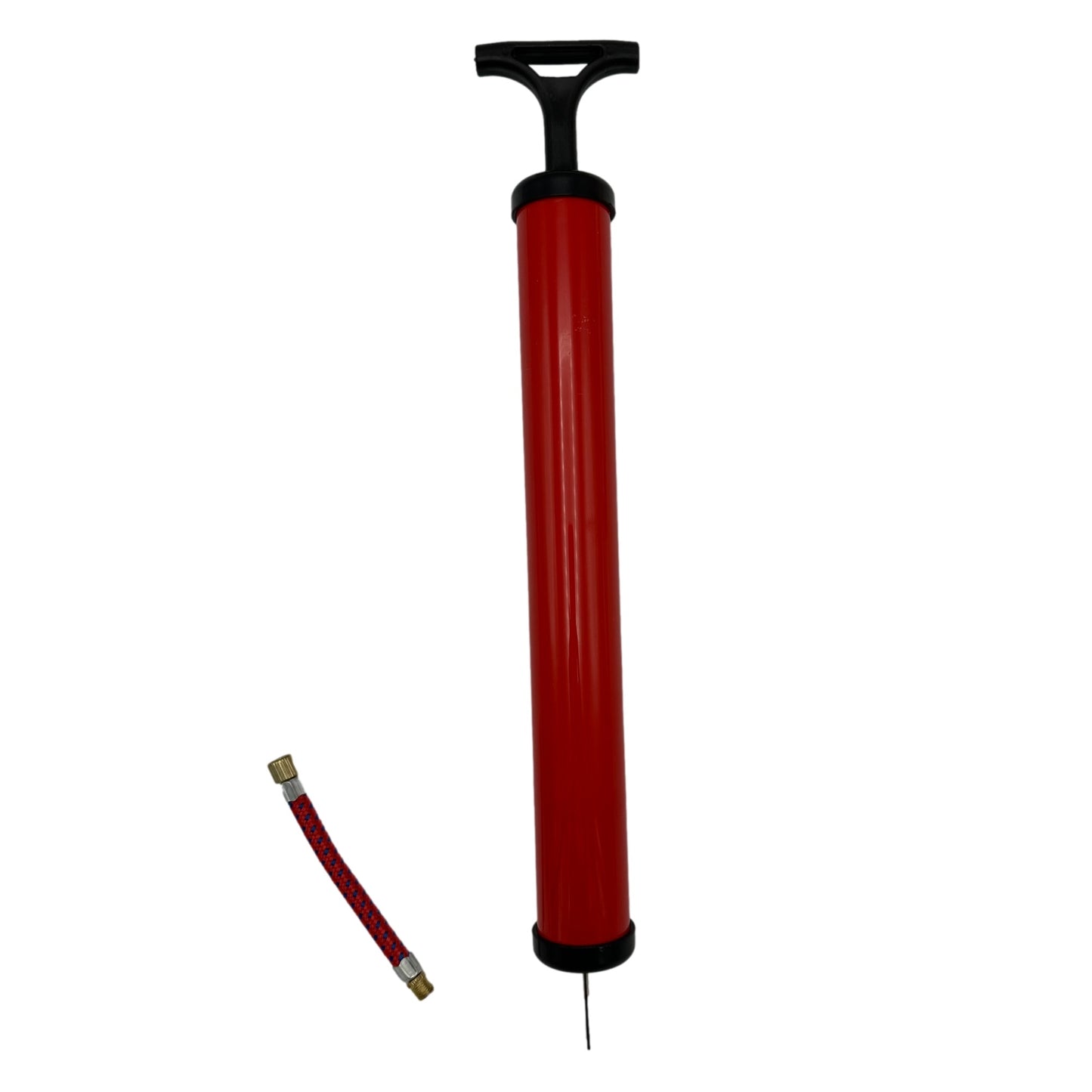 Red hand pump with black handle and needle, flexible hose.