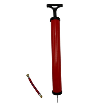 Red hand pump with black handle and needle, flexible hose.
