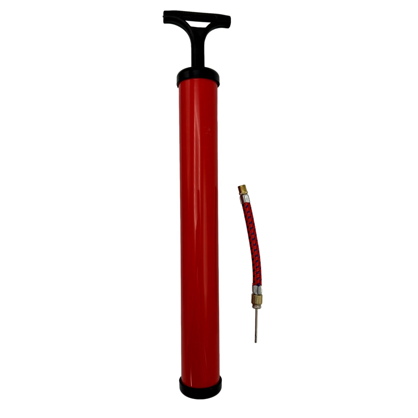 Red bicycle pump with needle.