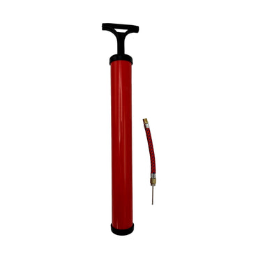 Red bicycle pump with needle.