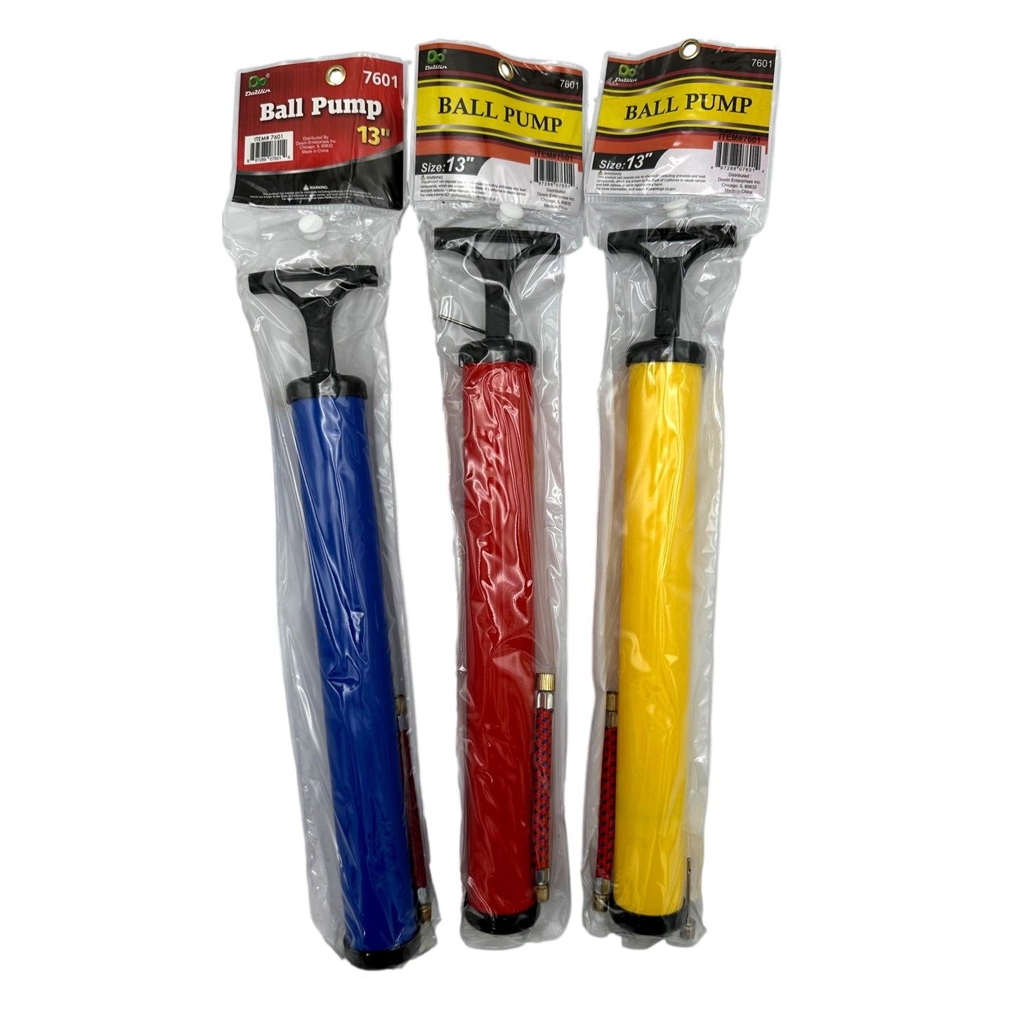 Three packaged ball pumps, blue, red, and yellow.