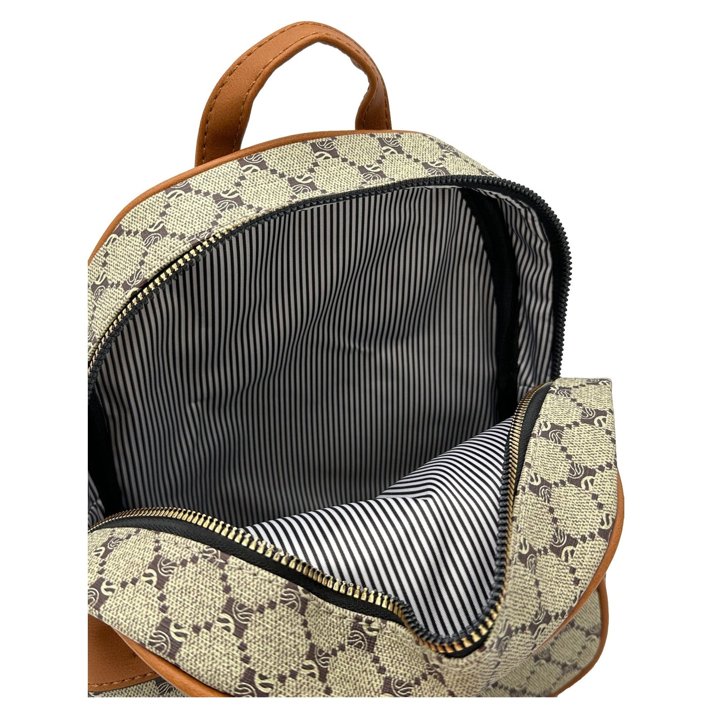 Open beige and brown patterned backpack with striped interior.