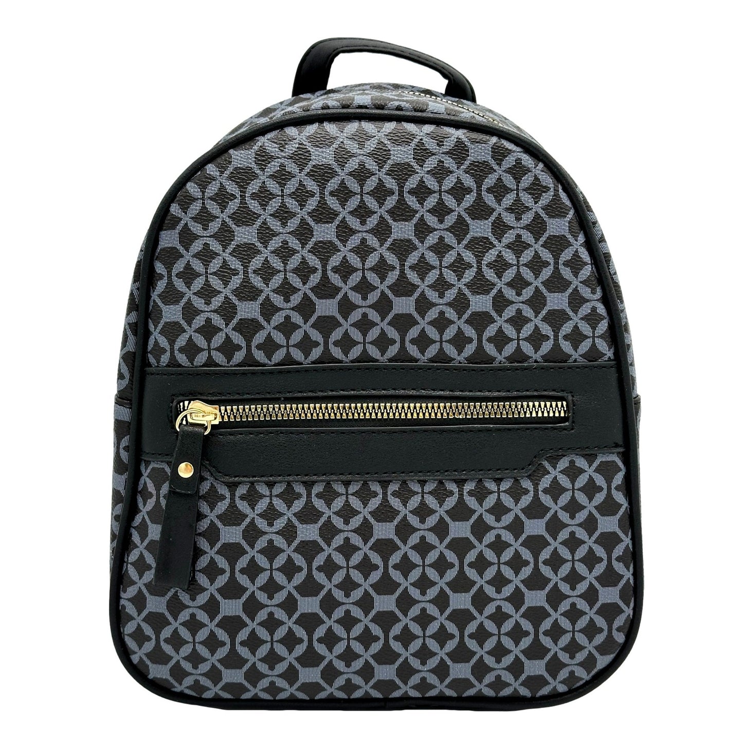 Black and gray patterned backpack with gold zipper.