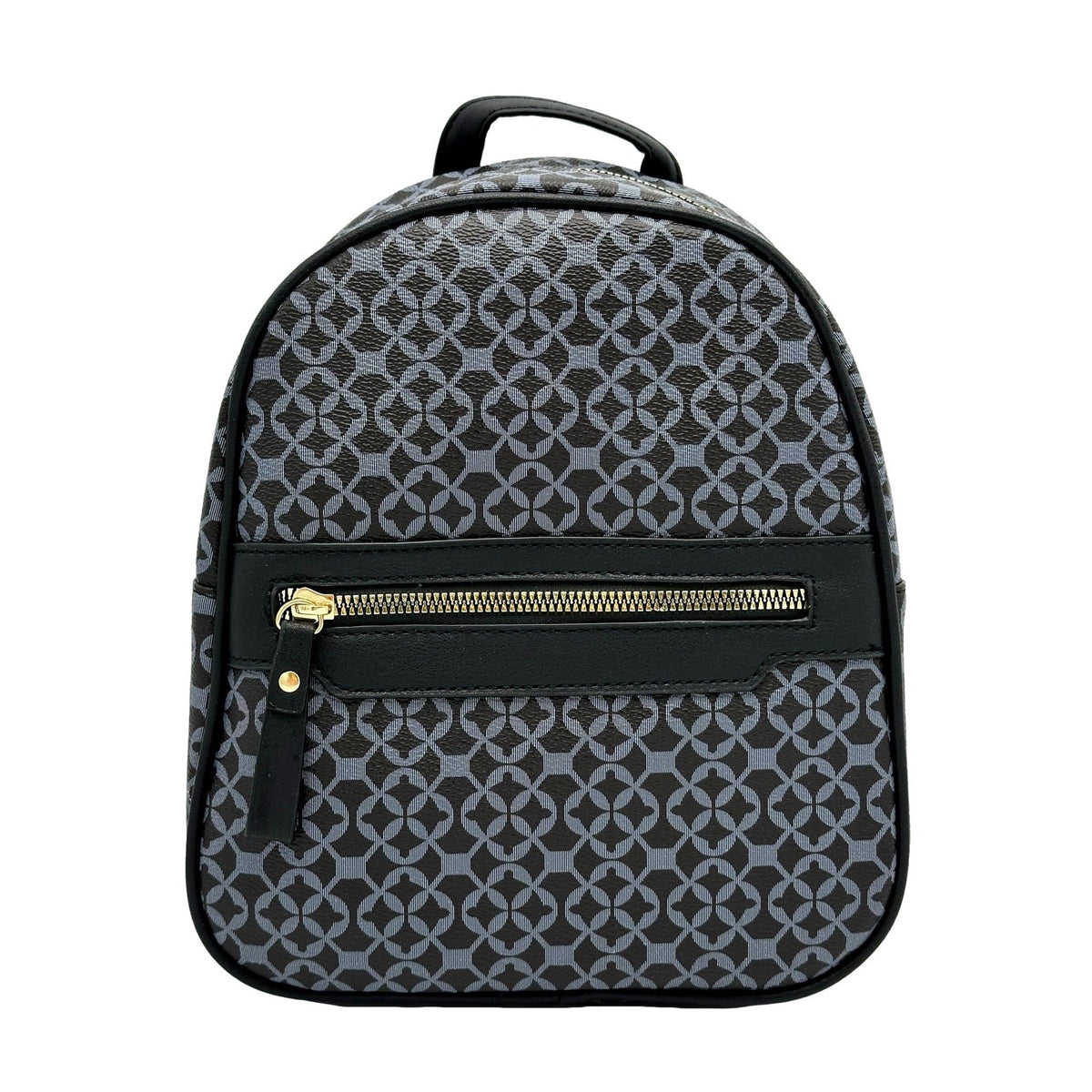 Black and gray patterned backpack with gold zipper.