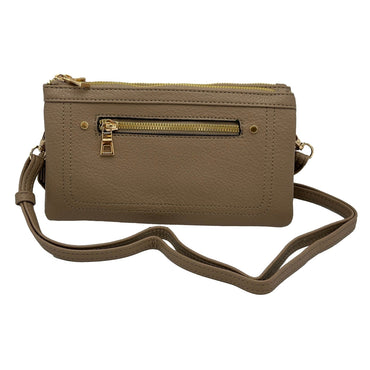 Taupe crossbody bag with gold zippers.