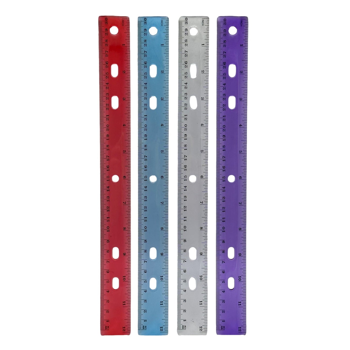 Four colorful, plastic rulers with metric and imperial scales.