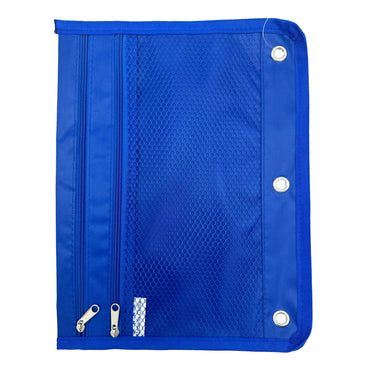 Blue binder pouch with zippers and metal rings.