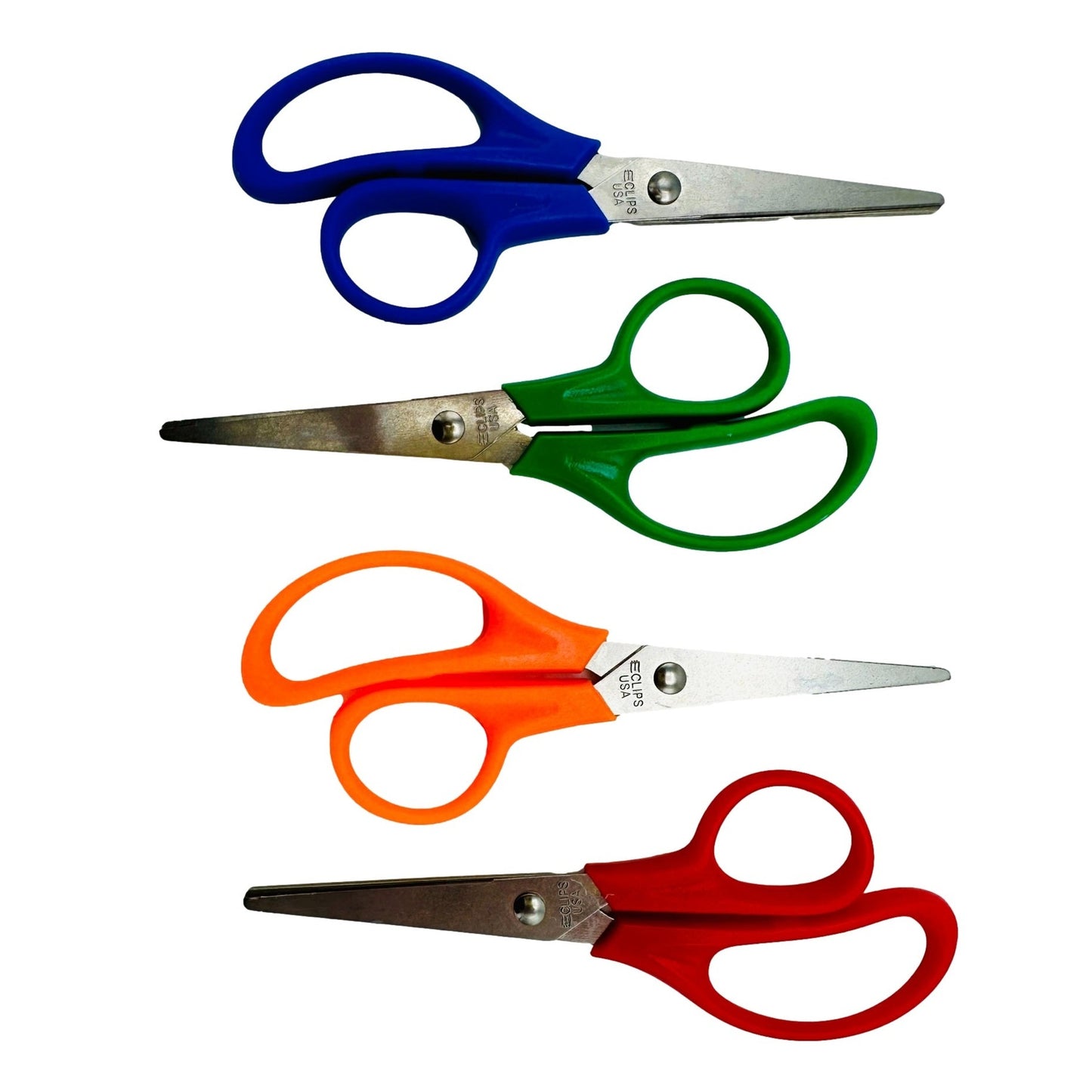 Four pairs of scissors stacked vertically. The scissors have blue, green, orange, and red handles.