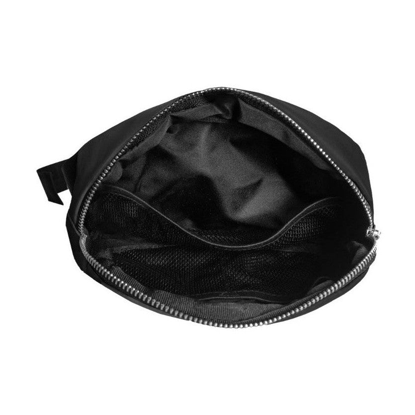 Open black cosmetic bag with zipper closure and mesh pocket.
