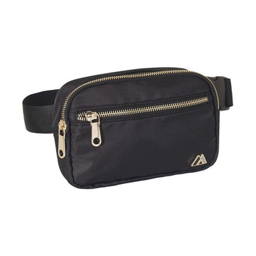 Black nylon fanny pack with gold zippers and logo.