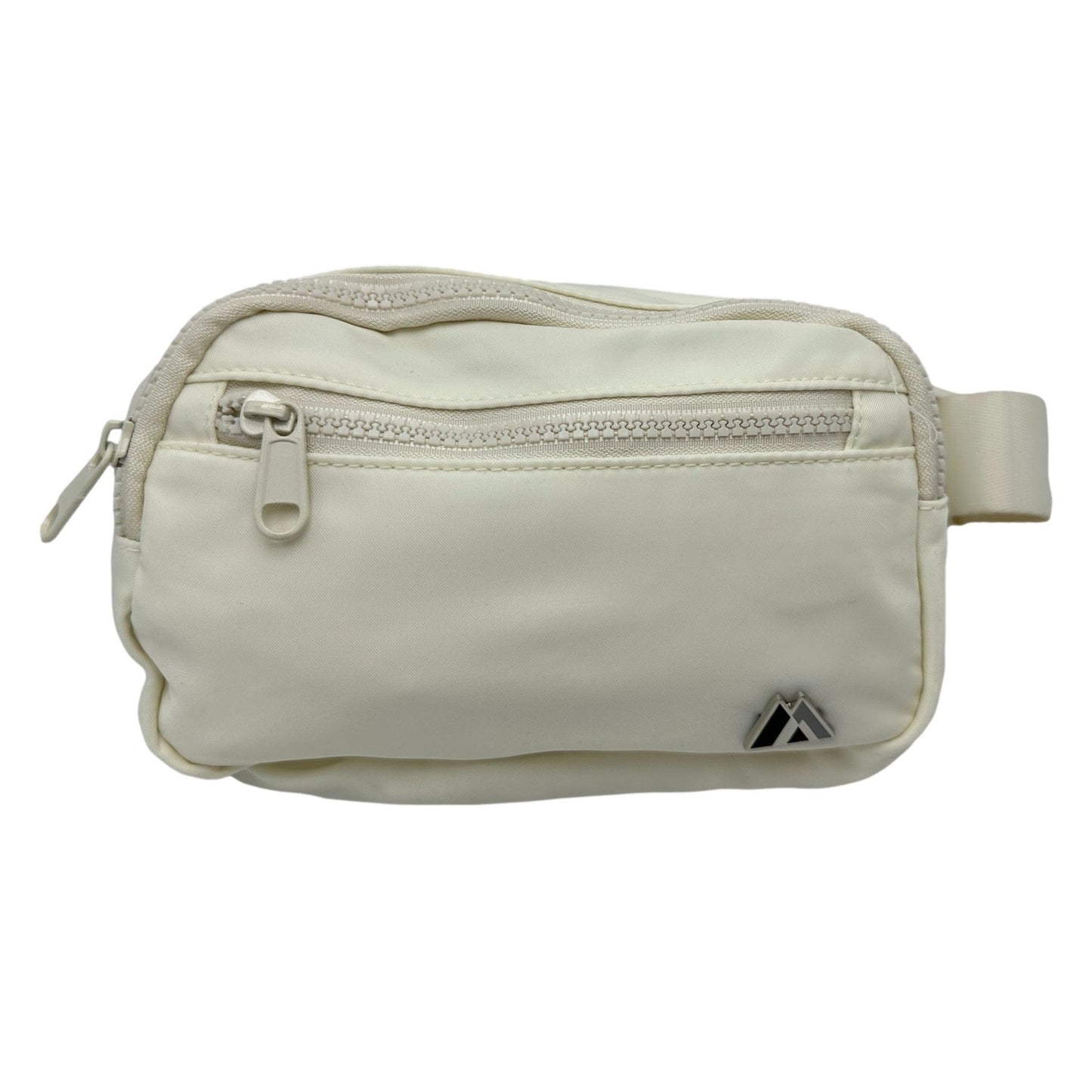Beige waist bag with zippers and logo.