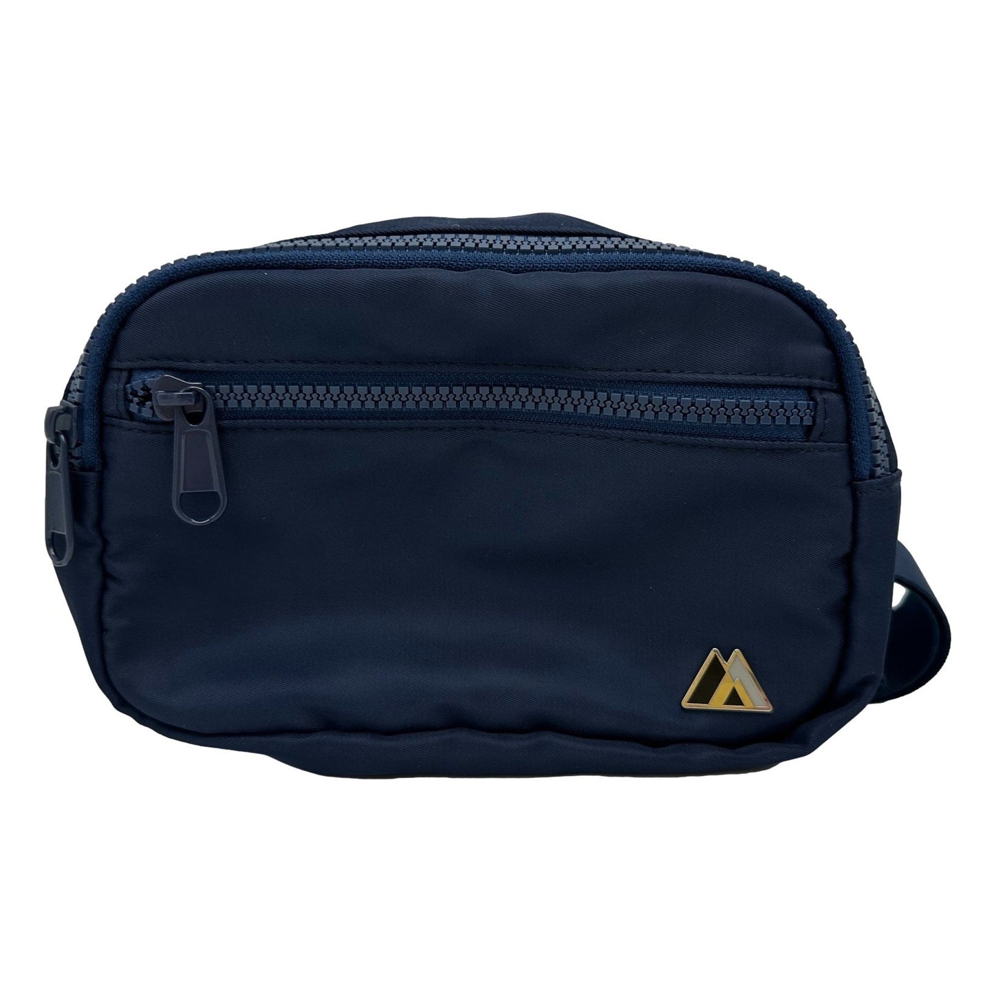 Navy blue nylon belt bag with gold triangle logo.