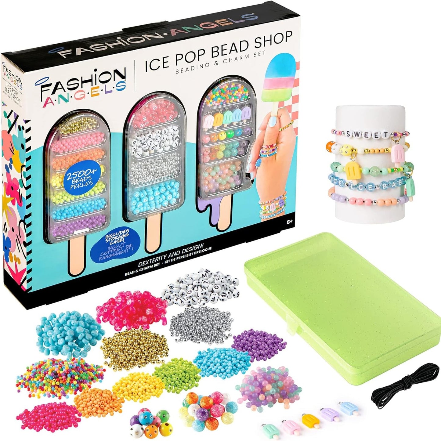 Close-up of an Ice Pop Bead Shop kit with assorted beads and a storage case.