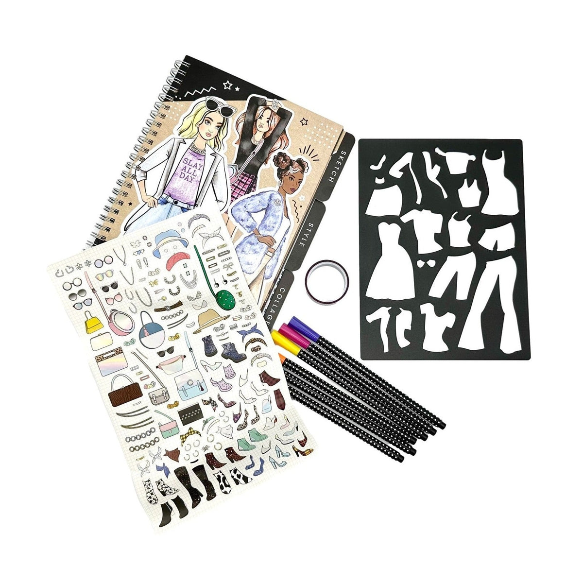 Fashion design kit with drawing notebook, stickers, stencils, and pens.