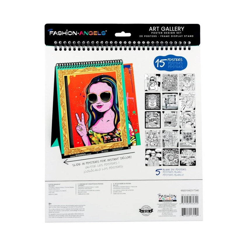 A Fashion Angels art gallery poster design set, featuring a spiral-bound collection of 20 posters and a frame display stand, with a vibrant pop art design on the cover.