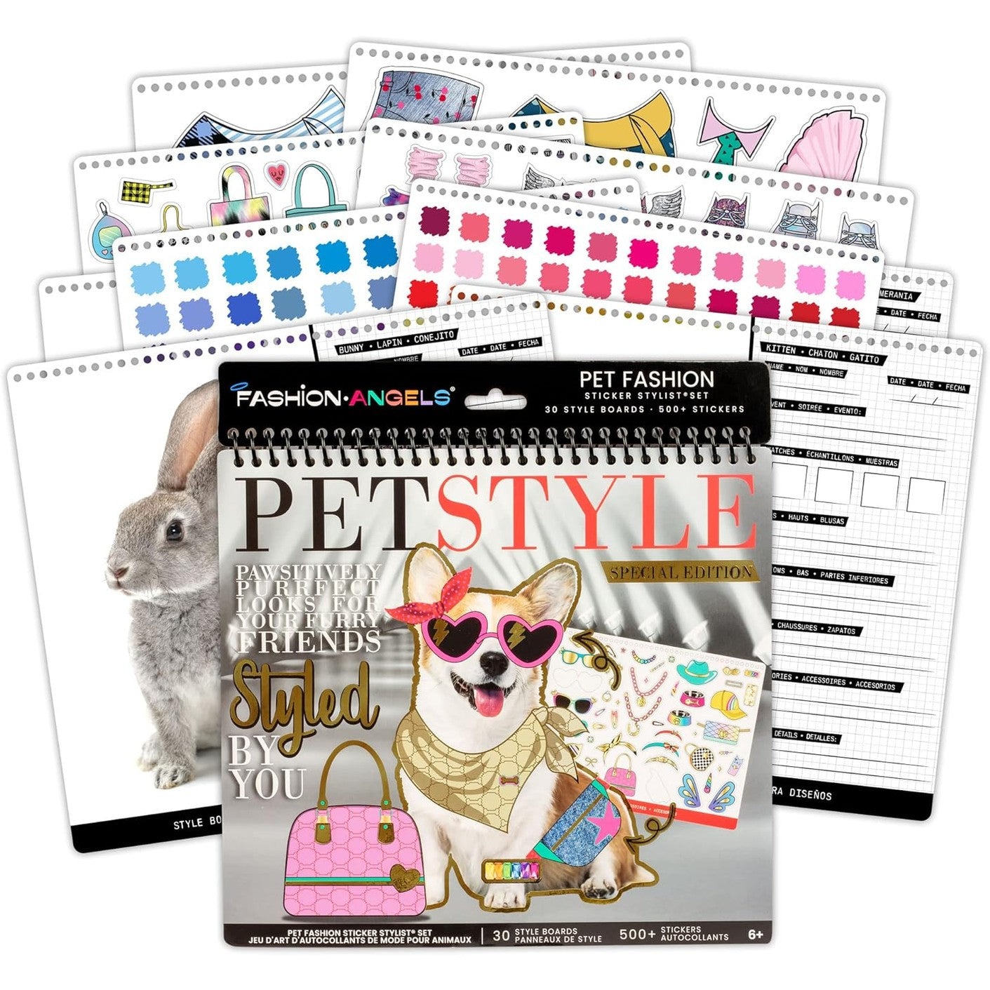 Close-up of a Pet Fashion sticker stylist set by Fashion Angels, featuring a corgi dog in sunglasses and a pink handbag, with sticker pages showing various fashion designs and color swatches.
