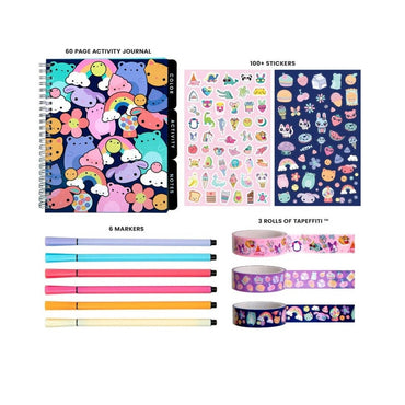 A 60-page activity journal, 100+ stickers, six markers, and three rolls of Tapeffiti on a white background.