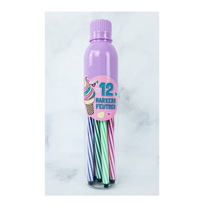 Pack of 12 striped markers in a lilac bottle.