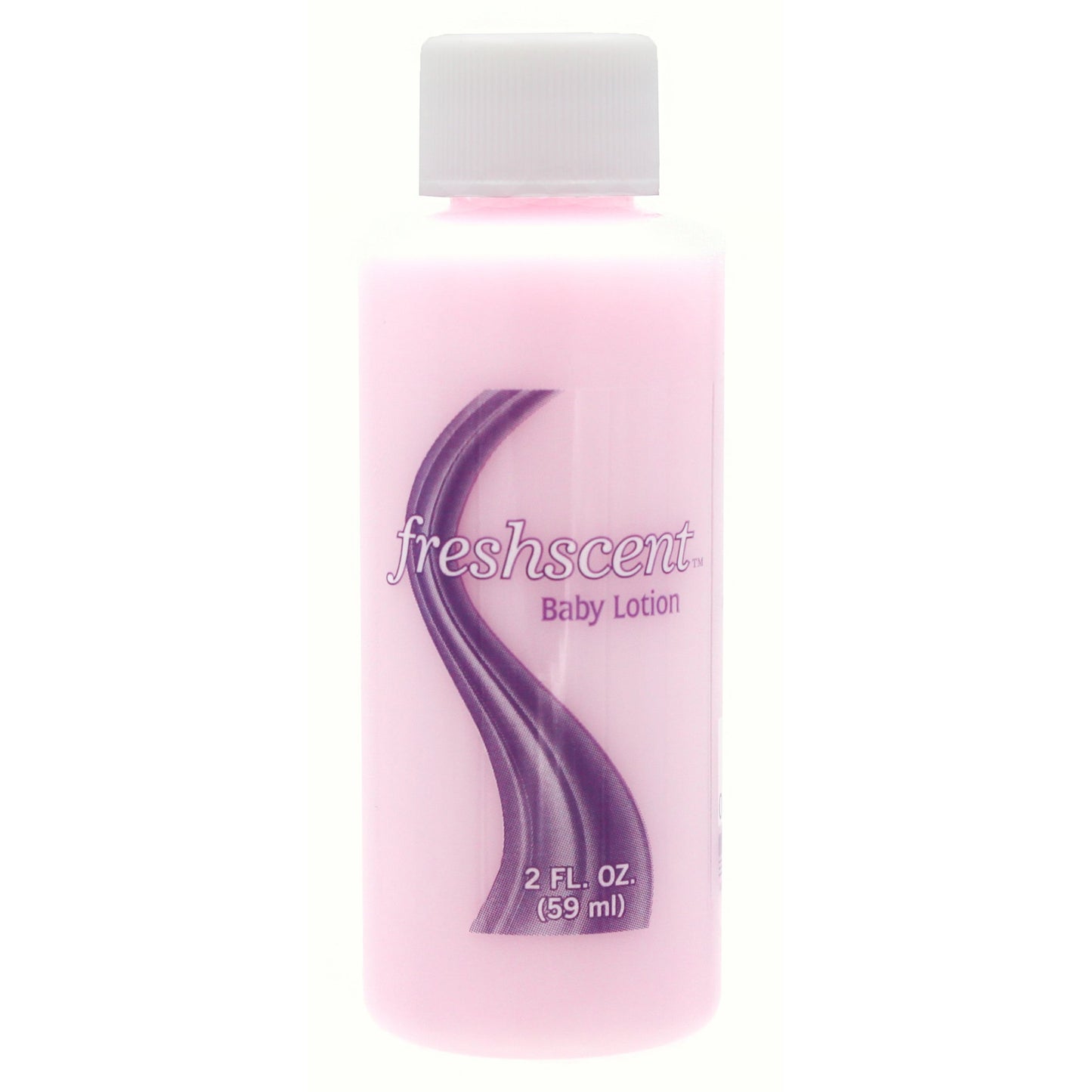 Bottle of pink baby lotion with white cap.