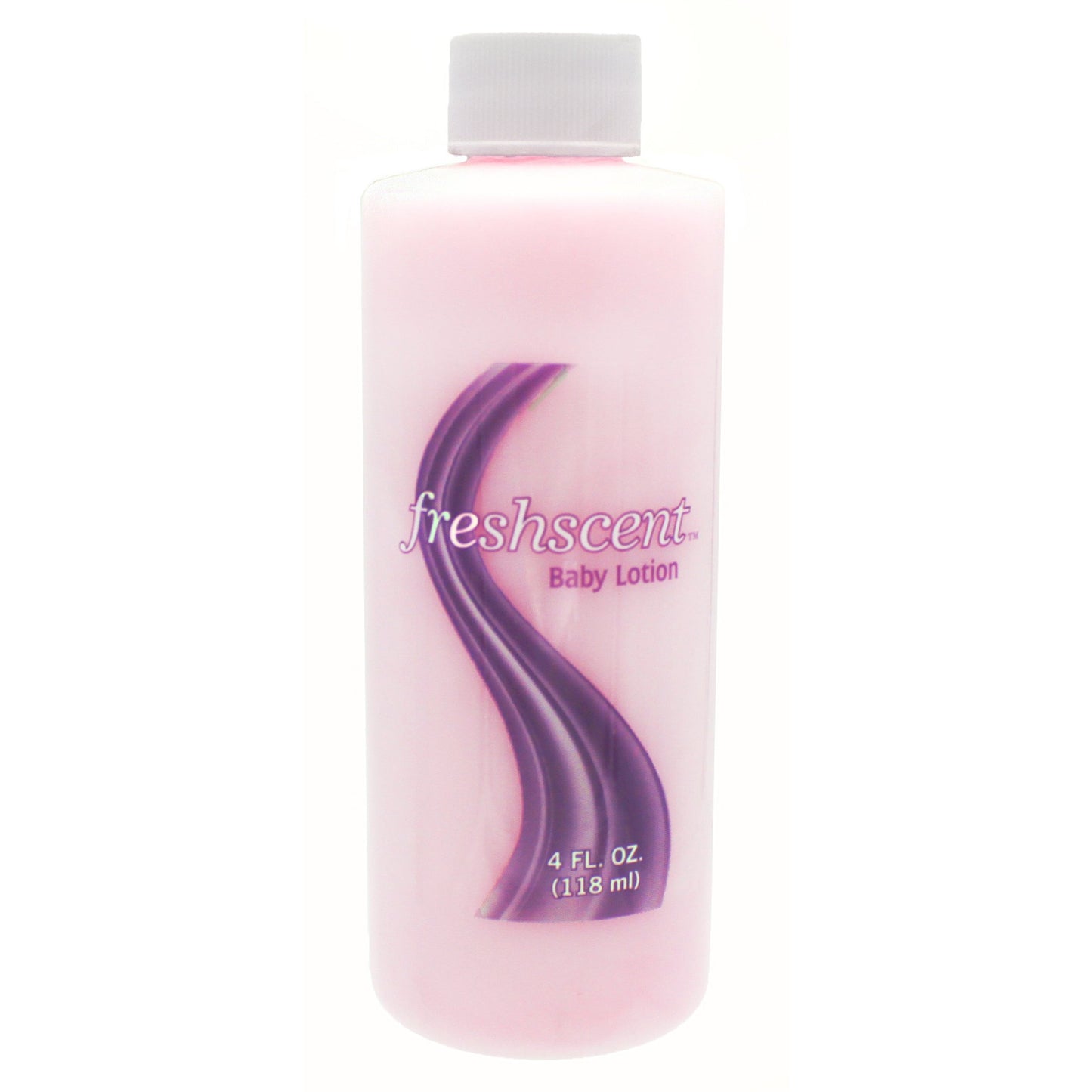 Pink bottle of freshscent baby lotion with a white cap.
