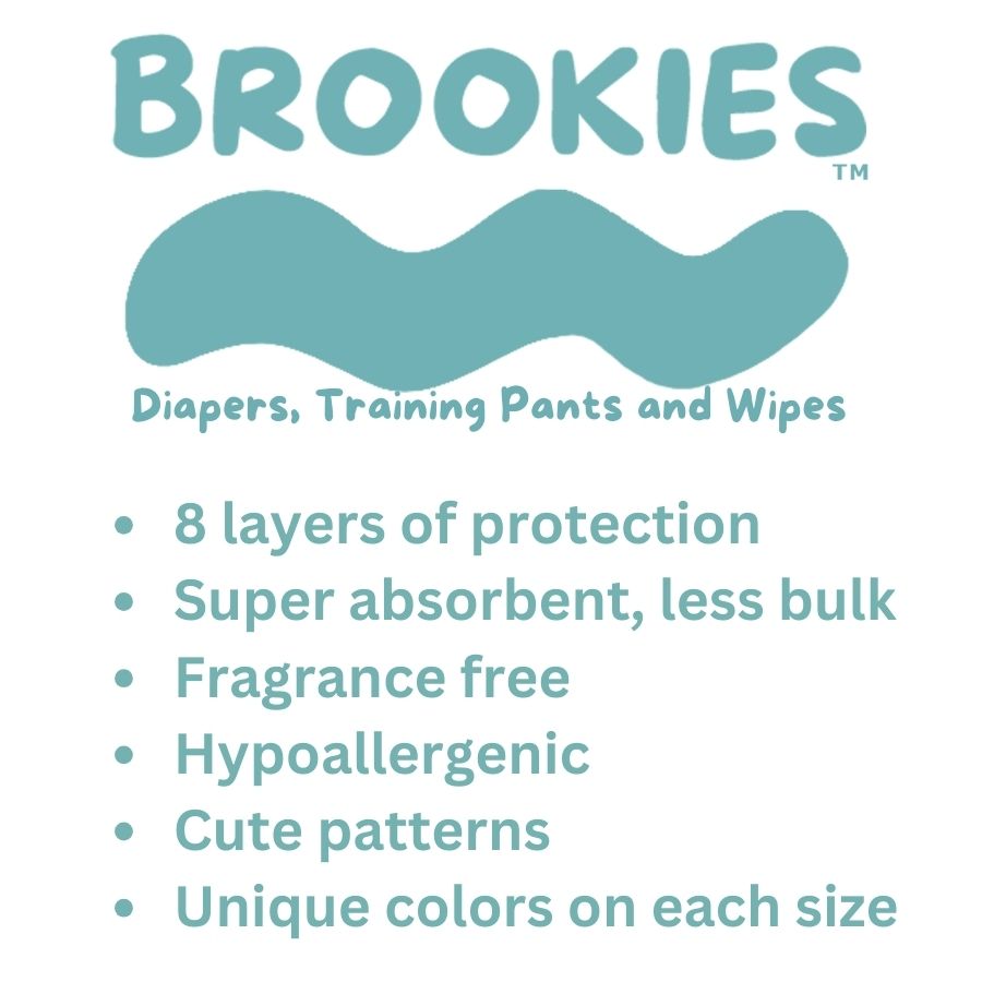 Product image with the Brookies brand name, a logo depicting waves, and product descriptions such as "Diapers, Training Pants and Wipes" and details on the features: protection layers, absorbency, fragrance, hypoallergenic properties, patterns, and unique colors.