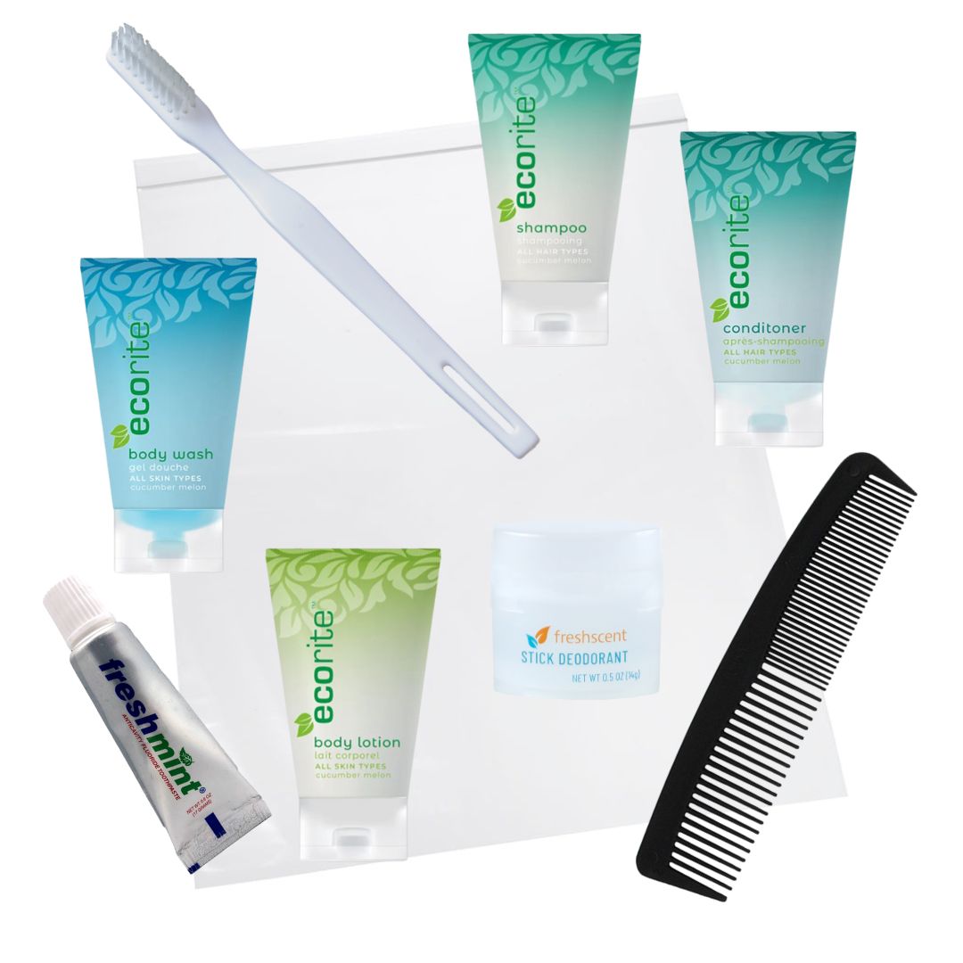 Set of ecorite toiletries including shampoo, conditioner, body wash, body lotion, and a comb on a white background.