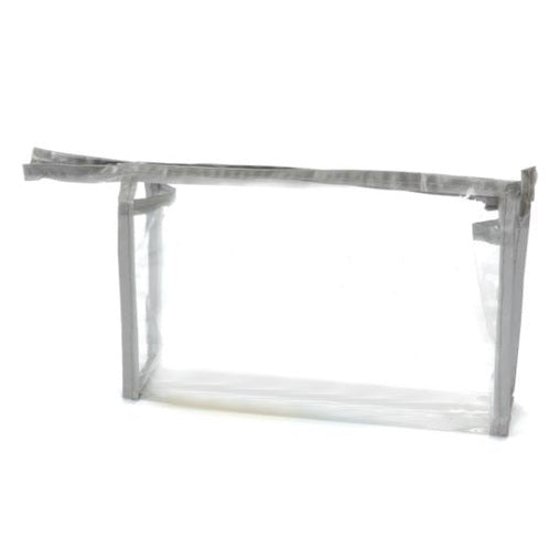 Clear cosmetic bag with gray trim.
