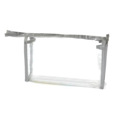 Clear cosmetic bag with gray trim.
