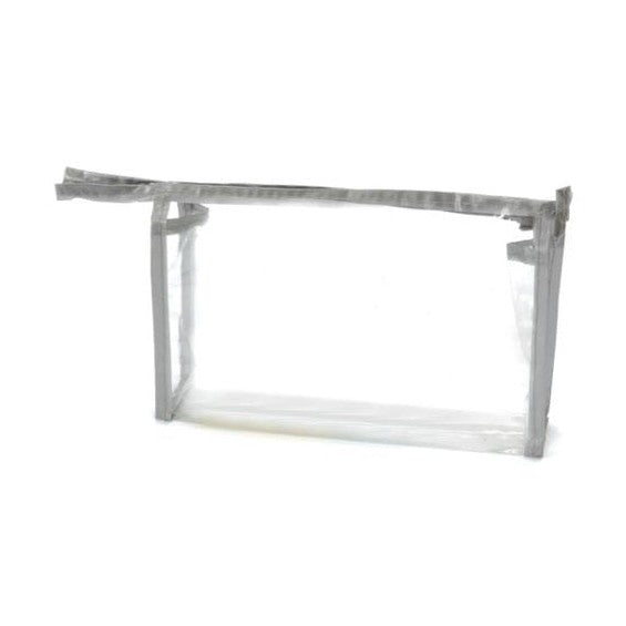 Clear cosmetic bag with gray trim.