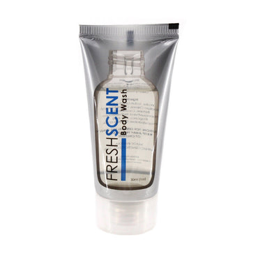Clear plastic travel-size tube of Fresh Scent body wash.