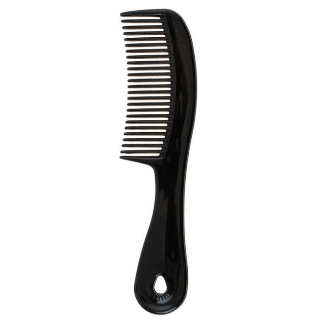 A black plastic hair comb with a curved handle and a hole in the base.