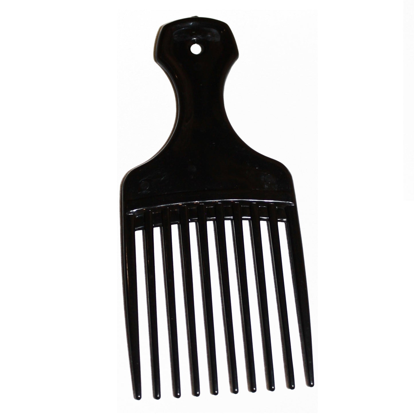 Black plastic hair pick.