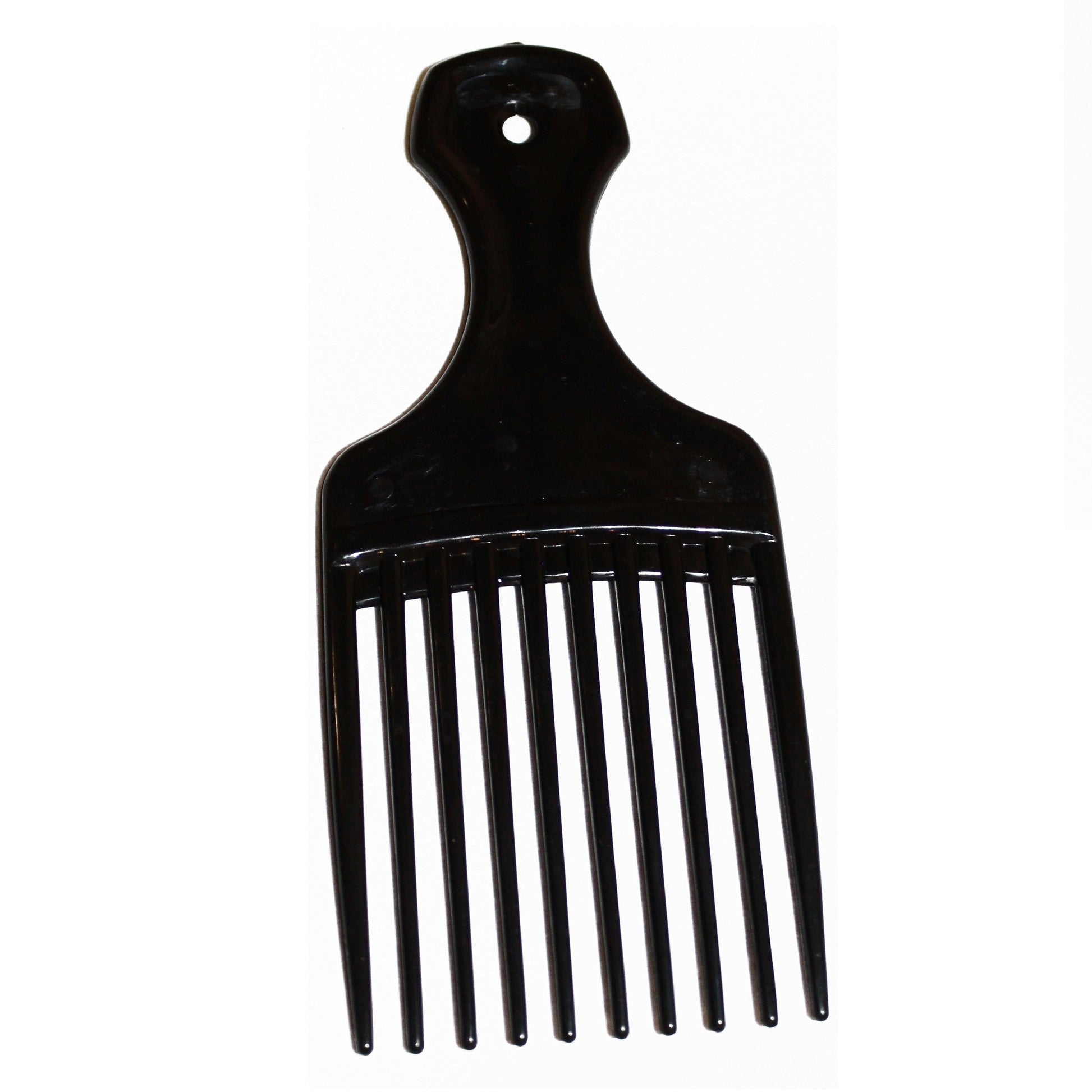 Black plastic hair pick.