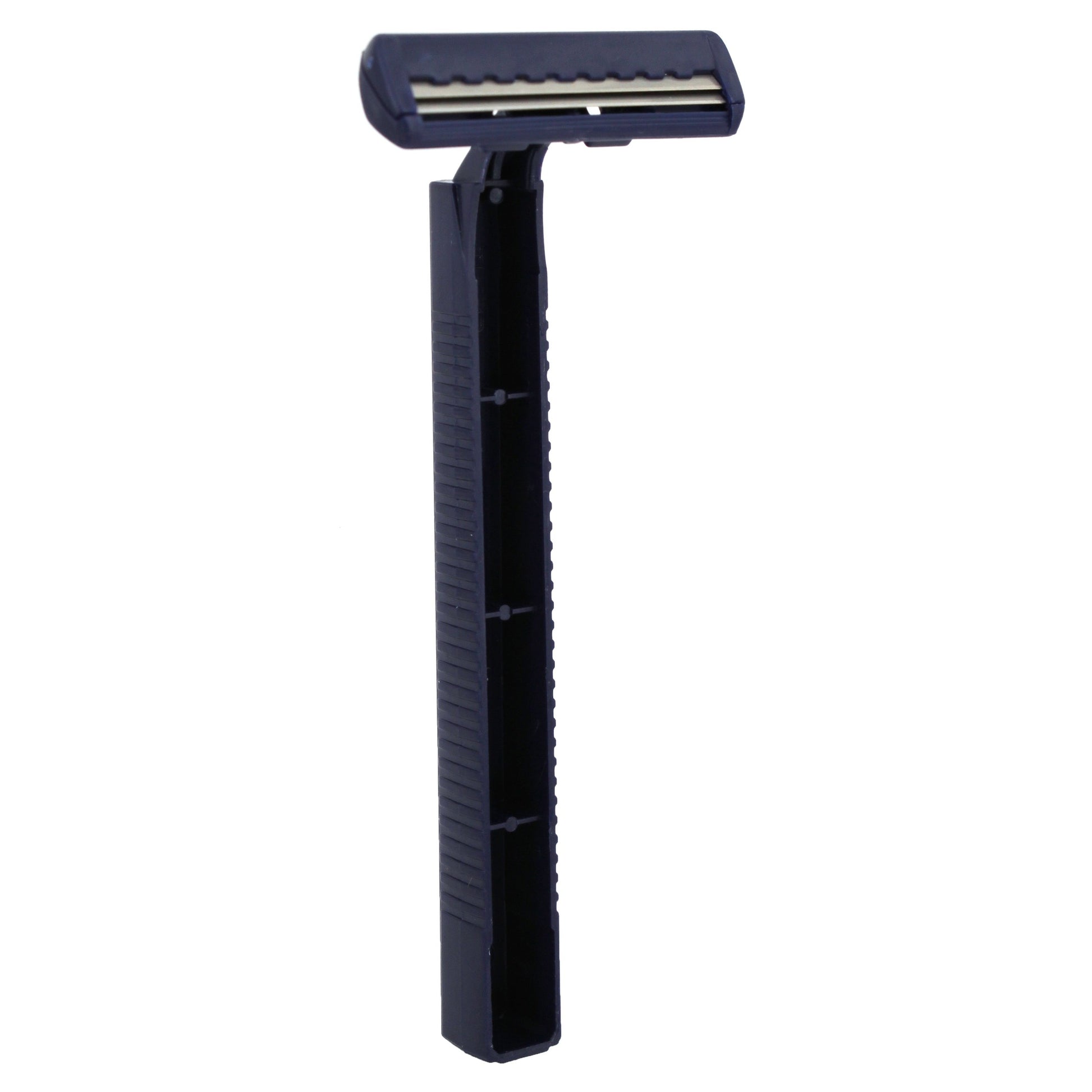 Disposable blue razor with textured handle.