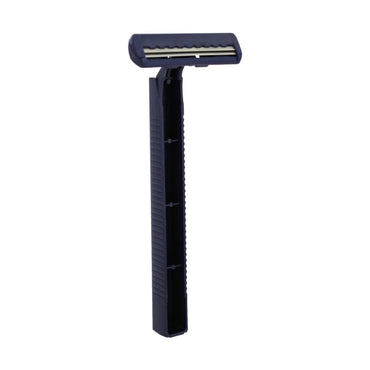 Disposable blue razor with textured handle.