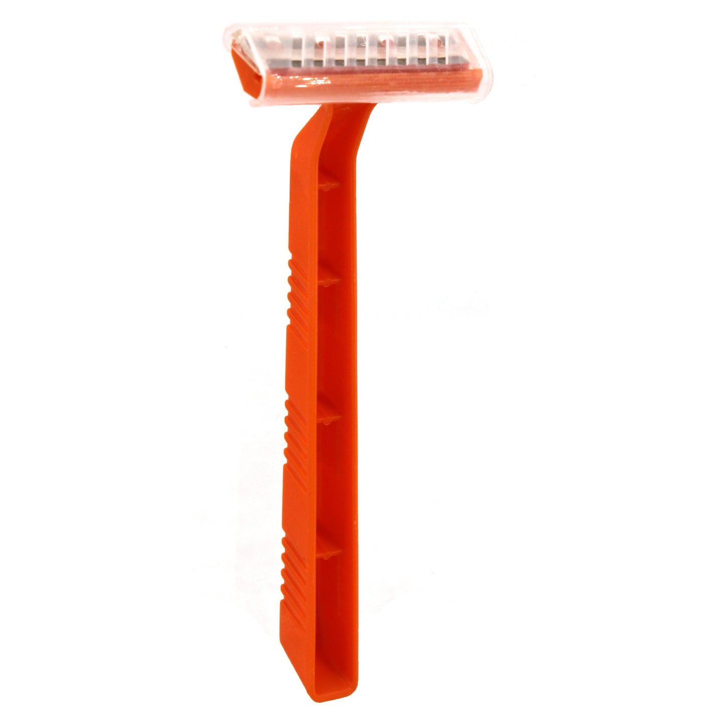Orange disposable razor with a transparent plastic cover.