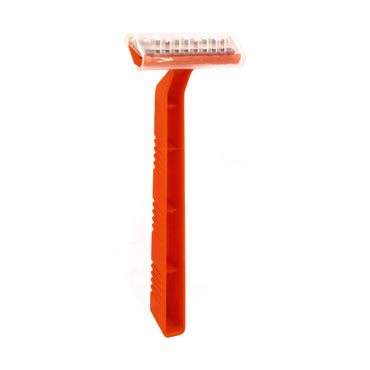 Orange disposable razor with a transparent plastic cover.