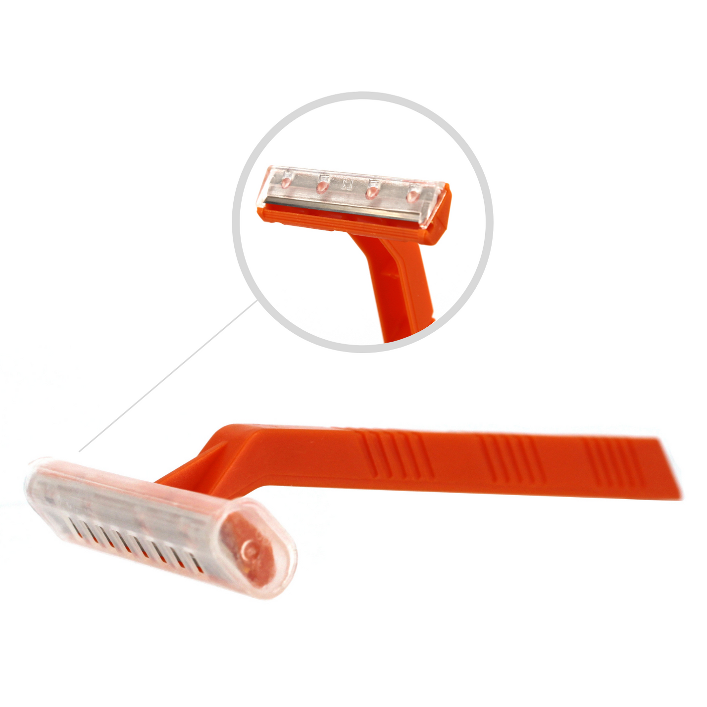 Orange disposable razor with a clear cover and magnified detail.