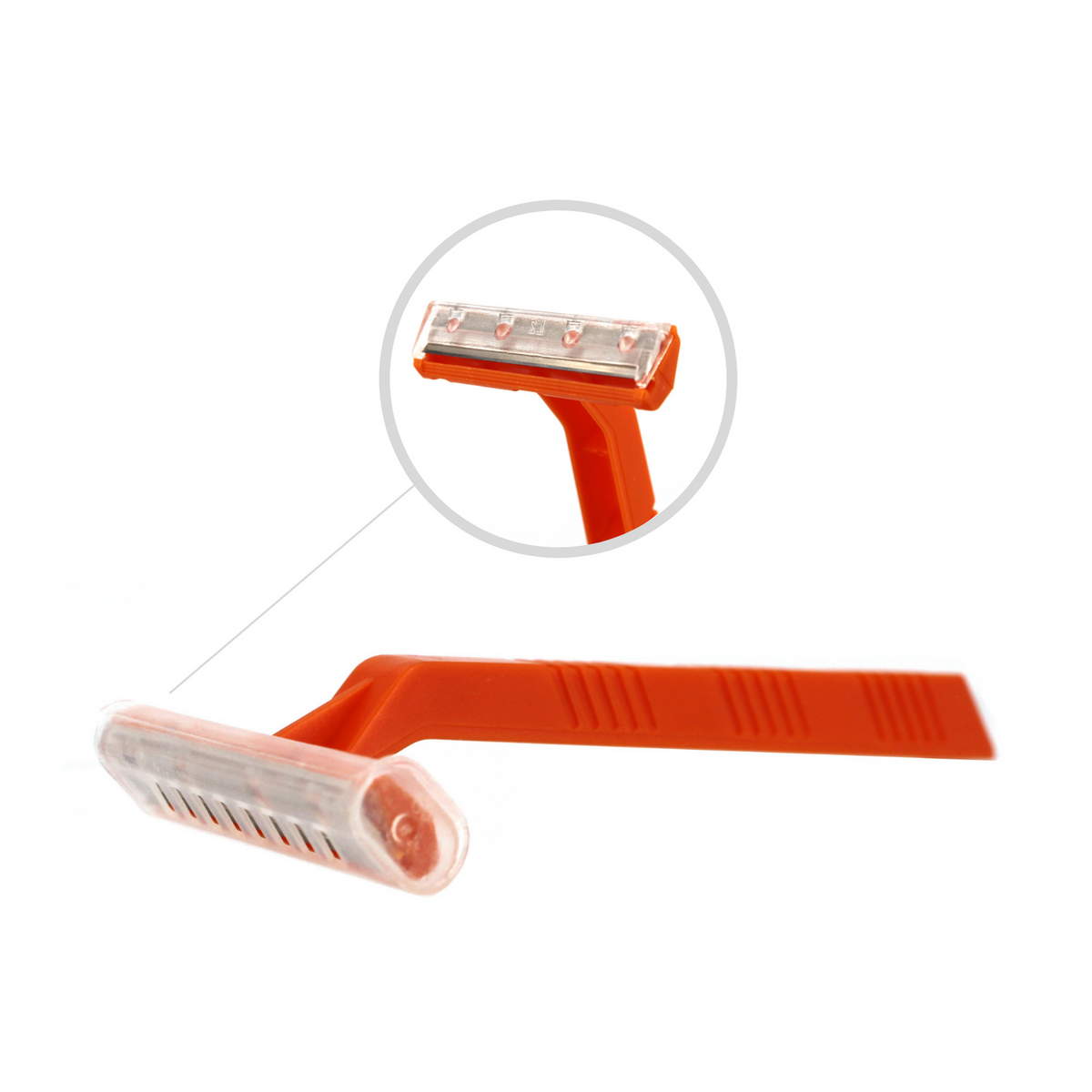 Orange disposable razor with a clear cover and magnified detail.