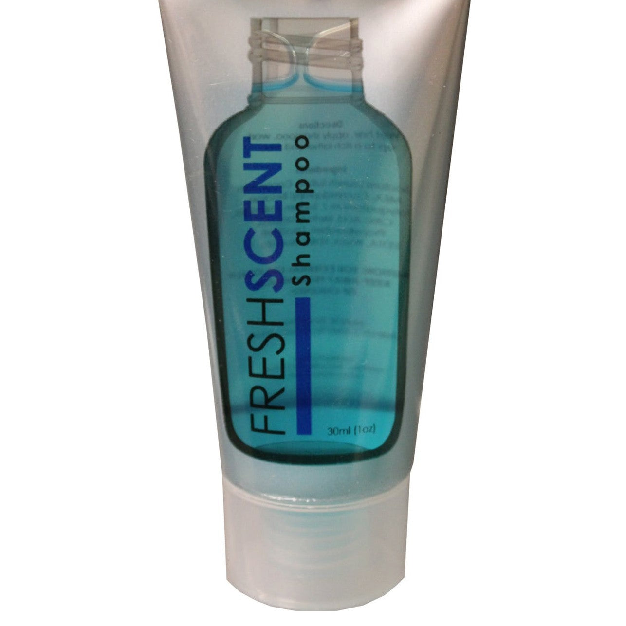 Close-up of a clear tube of Freshscent shampoo.