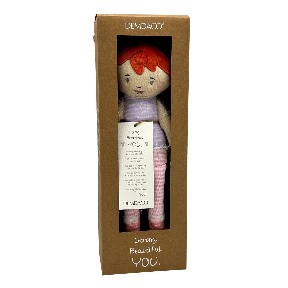 Rag doll in a box with inspirational tag.