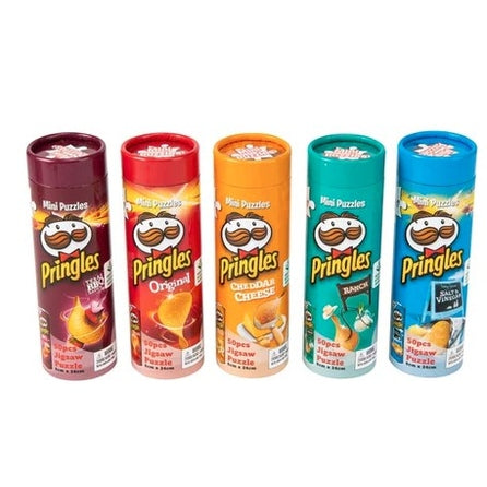 Five cylindrical containers of Pringles mini puzzles in various colors.