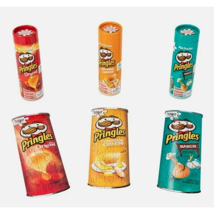 Six Pringles-flavored mini puzzle cans: Original, Cheddar Cheese, and Ranch.