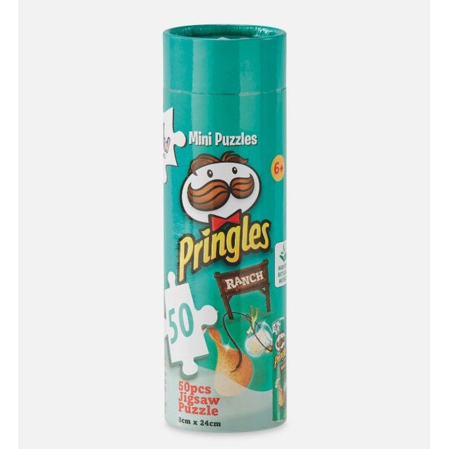 Cylindrical green package of Pringles mini puzzles, ranch flavor.
