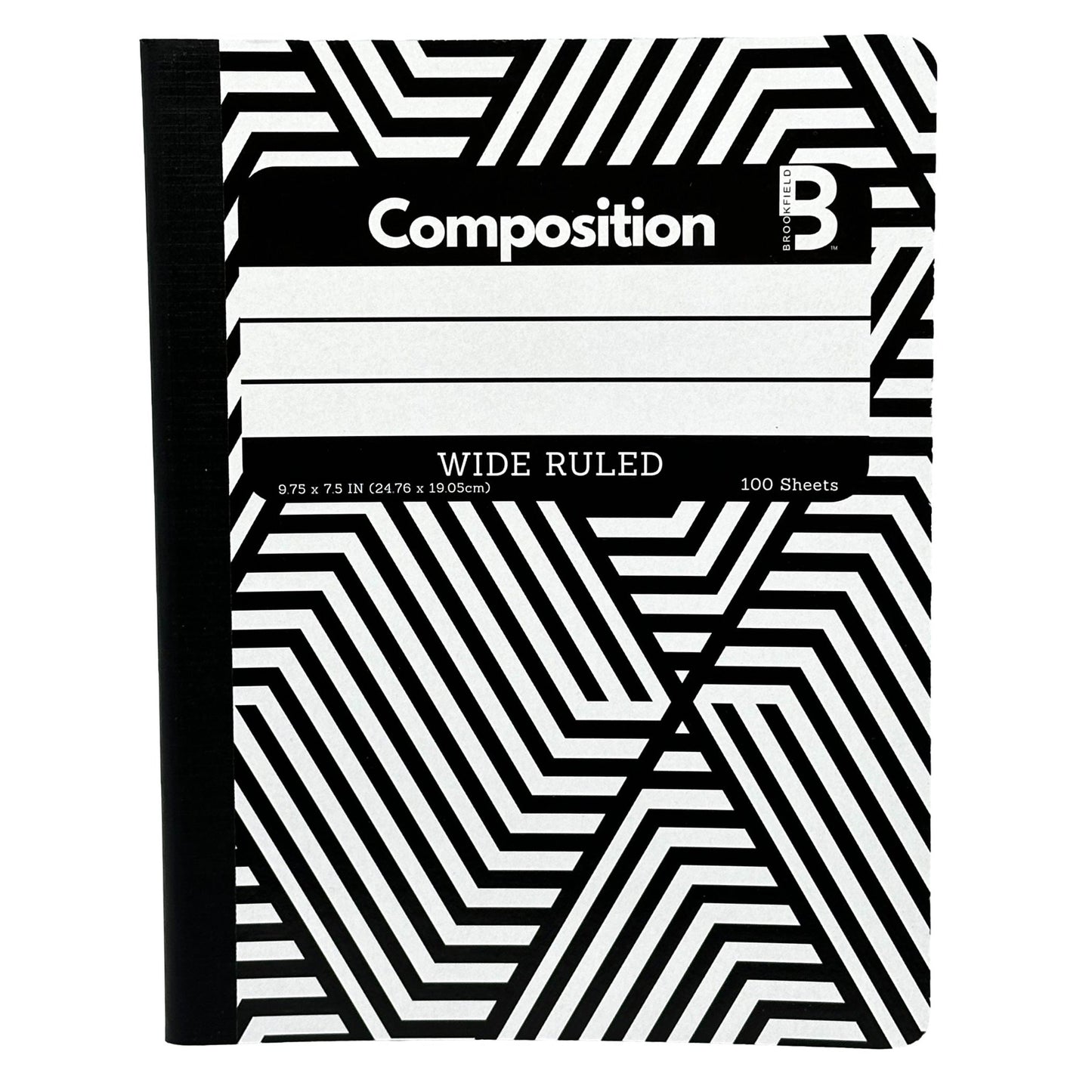 Composition notebook with black and white geometric pattern.