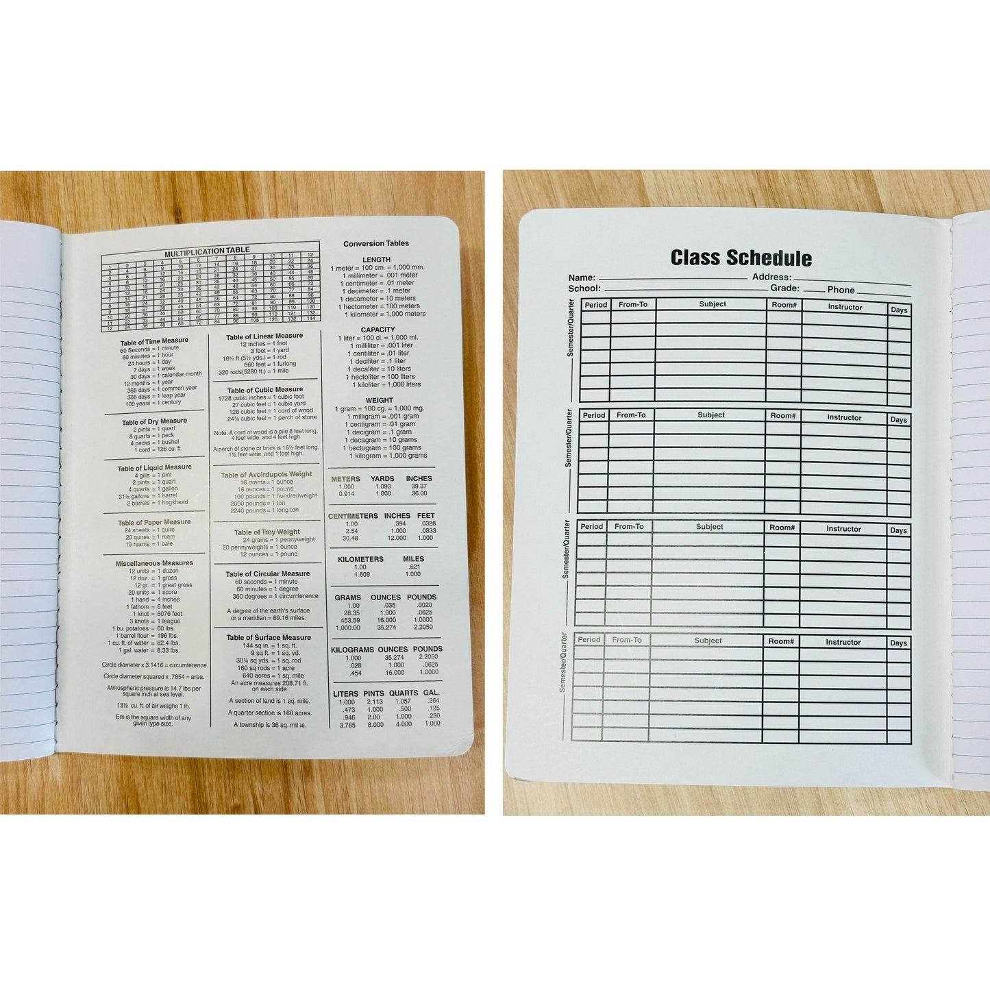 A workbook spread open to show conversion tables and a blank class schedule.